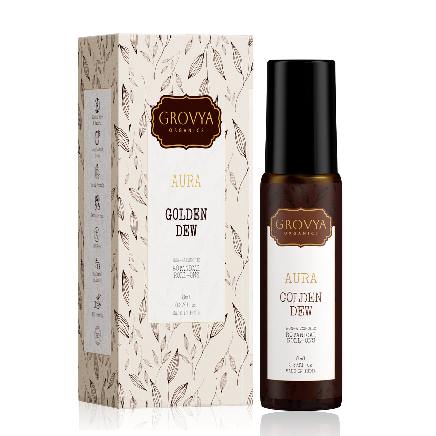 Grovya Organics Aura Golden Dew Roll-On | Natural Floral Perfume Oil with Rose & Mimosa | Alcohol-Free Long-Lasting Fragrance