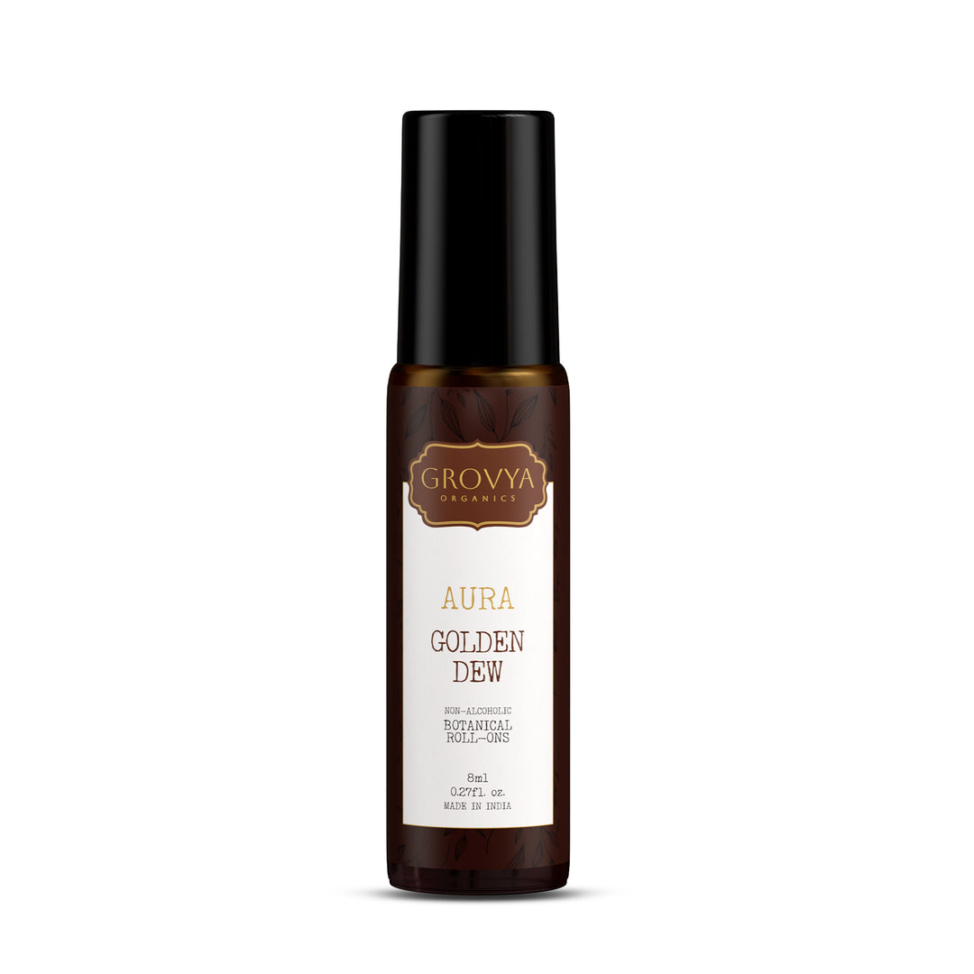 Grovya Organics Aura Golden Dew Roll-On | Natural Floral Perfume Oil with Rose & Mimosa | Alcohol-Free Long-Lasting Fragrance
