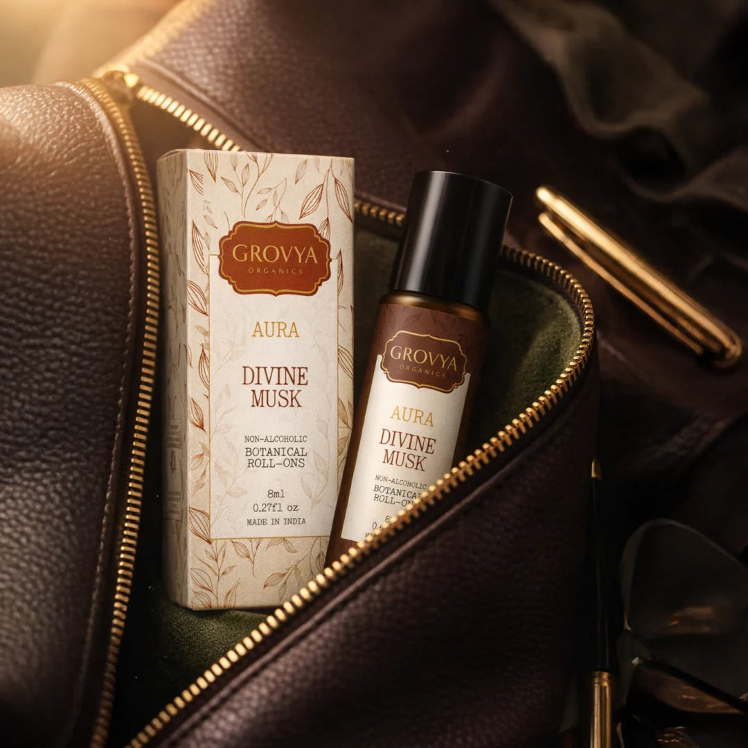 Grovya Organics Aura Divine Musk Roll-On | Soft Musk Perfume Oil with Botanical Accords & Essential Oils | Alcohol-Free Long-Lasting Fragrance