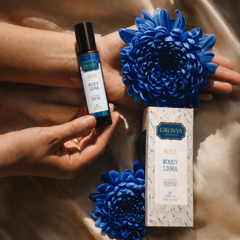 Grovya Organics Aura Woody Liora Roll-On | Natural Woody Perfume Oil with Amber Resin & Essential Oils | Alcohol-Free Long-Lasting Fragrance