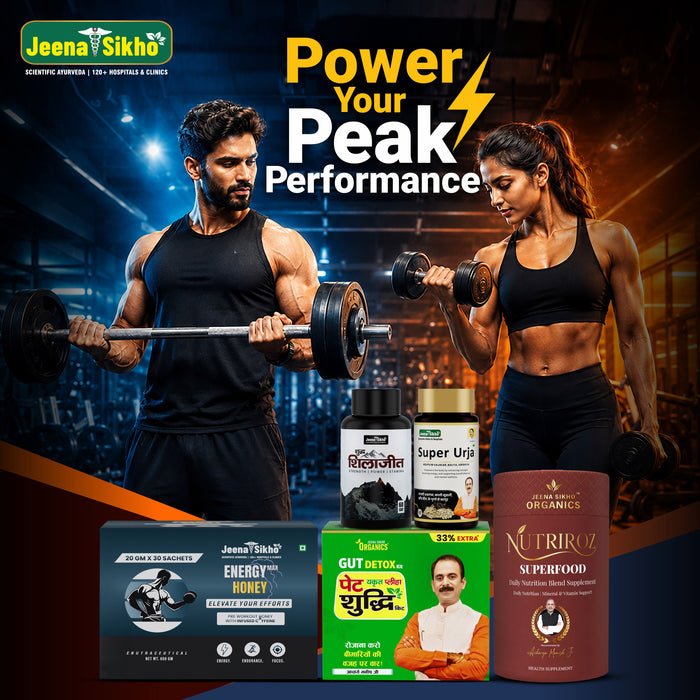 Jeena Sikho Workout Acharya Ji Signature Combo | Pet Yakrit Pleeha Shuddhi Kit, Pure Shilajit Capsules, Energy Max Honey Sachets, Nutriroz Superfood & Super Urja Tablets | Ayurvedic Advanced Fitness Combo