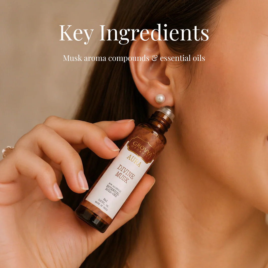 Grovya Organics Aura Divine Musk Roll-On | Soft Musk Perfume Oil with Botanical Accords & Essential Oils | Alcohol-Free Long-Lasting Fragrance