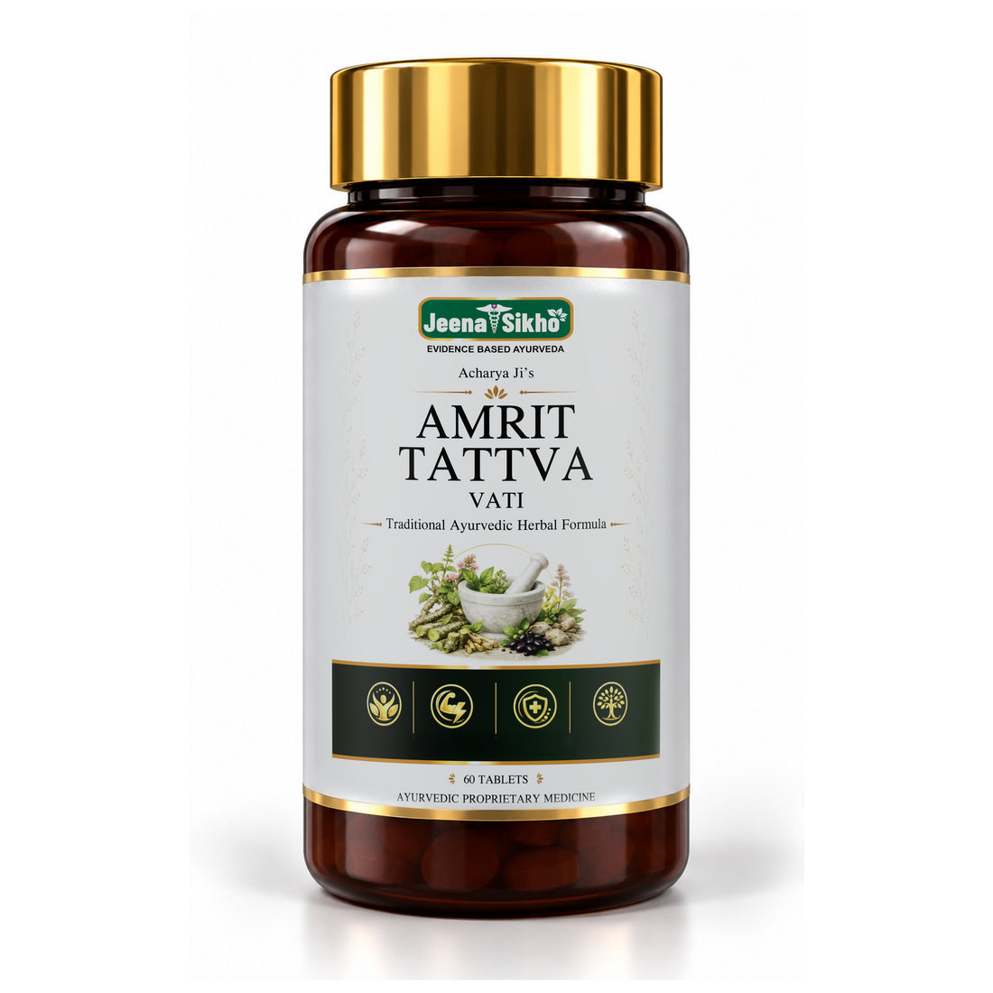 Amrit Tatva ayurvedic tablets for immunity in a 60-tablet bottle, with herbal ingredients for daily vitality, strength and wellness.