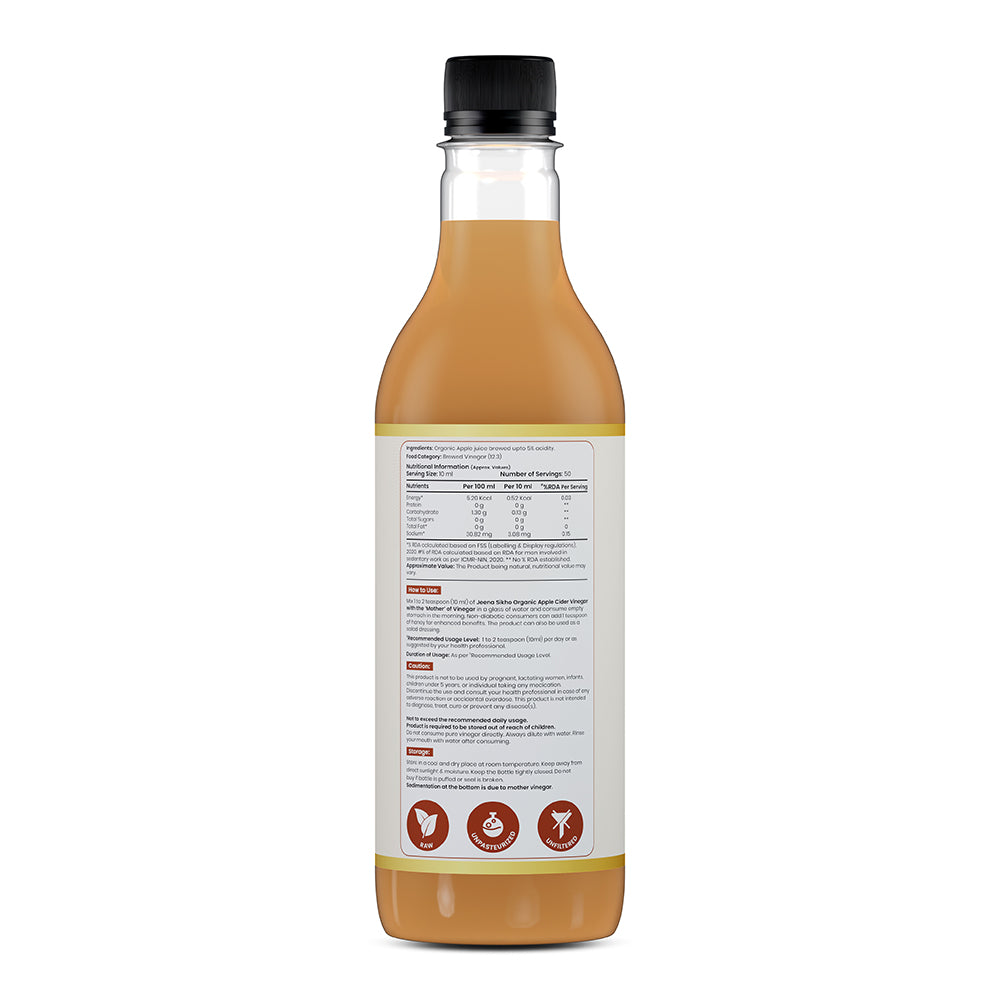 Apple Cider Vinegar back label showing product details and usage with organic apple ingredients