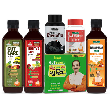 Ayurvedic Obesity & Heart Wellness Combo  | Pet Yakrit Pleeha Shuddhi Kit, Swaranfalam Amrit Sea Buckthorn, Pure Shilajit Capsules, Gut Care Juice, Hridya Care Juice & Fat Burner Tablets | Ayurvedic Weight & Heart Wellness Combo