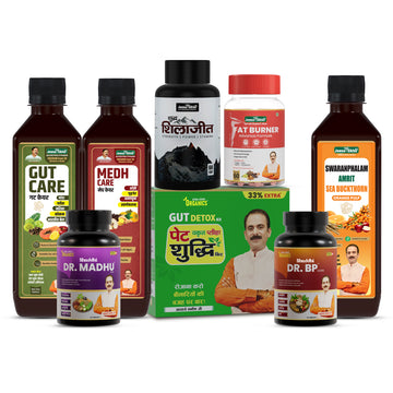 Ayurvedic Weight, BP & Blood Sugar Wellness Combo | Medh Care Juice, Swaranfalam Amrit Sea Buckthorn, Fat Burner Tablets, Pure Shilajit Capsules, Pet Yakrit Pleeha Shuddhi Kit, Gut Care Juice, Dr. BP Care & Dr. Madhu Care Tablets