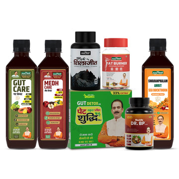 Ayurvedic Weight & Blood Pressure Wellness Combo  | Medh Care Juice, Swaranfalam Amrit Sea Buckthorn, Fat Burner Tablets, Pure Shilajit Capsules, Pet Yakrit Pleeha Shuddhi Kit, Gut Care Juice & Dr. BP Care Tablets