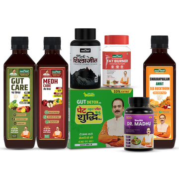 Ayurvedic Weight Management Combo | Medh Care Juice, Swaranfalam Amrit Sea Buckthorn, Fat Burner Tablets, Pure Shilajit Capsules, Pet Yakrit Pleeha Shuddhi Kit & Gut Care Juice