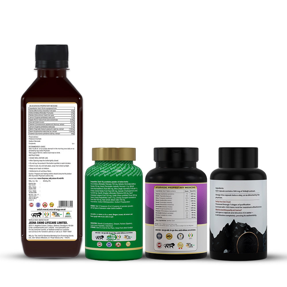 Supports sugar wellness, digestive balance, daily energy and metabolic wellness with traditional Ayurvedic herbs like Gudmar, Karela, Neem & Shilajit.