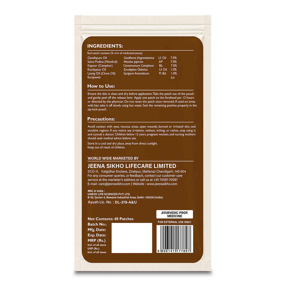 Headache Relief Patch | Natural Herbal Patch with Gandhpura Oil, Menthol, Camphor & Clove Oil | Helps Soothe Headache Discomfort | 40 Patches