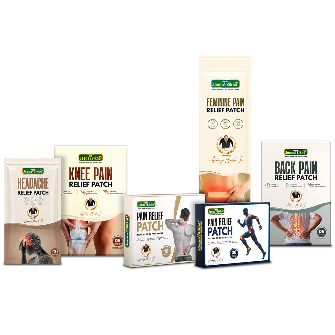 Jeena Sikho Pain Relief Patch Combo | Back Pain Relief Patch + Knee Pain Relief Patch + Feminine Pain Relief Patch + Body Pain Relief Patch Large + Body Pain Relief Patch + Headache Relief Patch  | 6-Patch Set