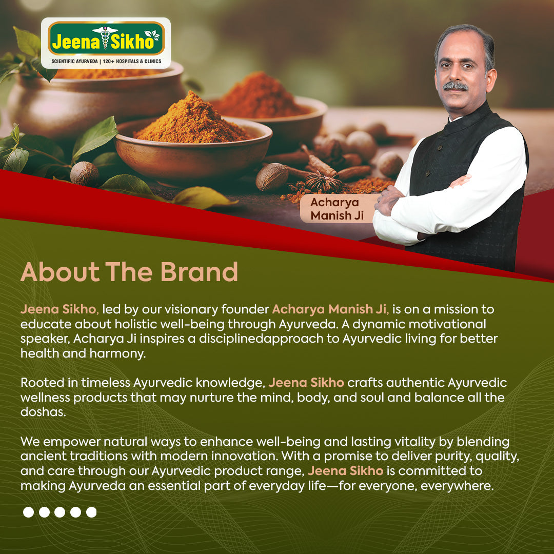 About Jeena Sikho Brand banner featuring Acharya Manish Ji and Ayurvedic herbs for wellness