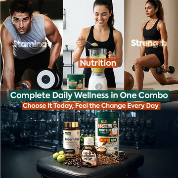 Daily Strength & Energy Combo | Super Urja Tablets, Pre-Workout Shot & NutriRoz Plant Protein | For Stamina, Energy & Daily Nutrition
