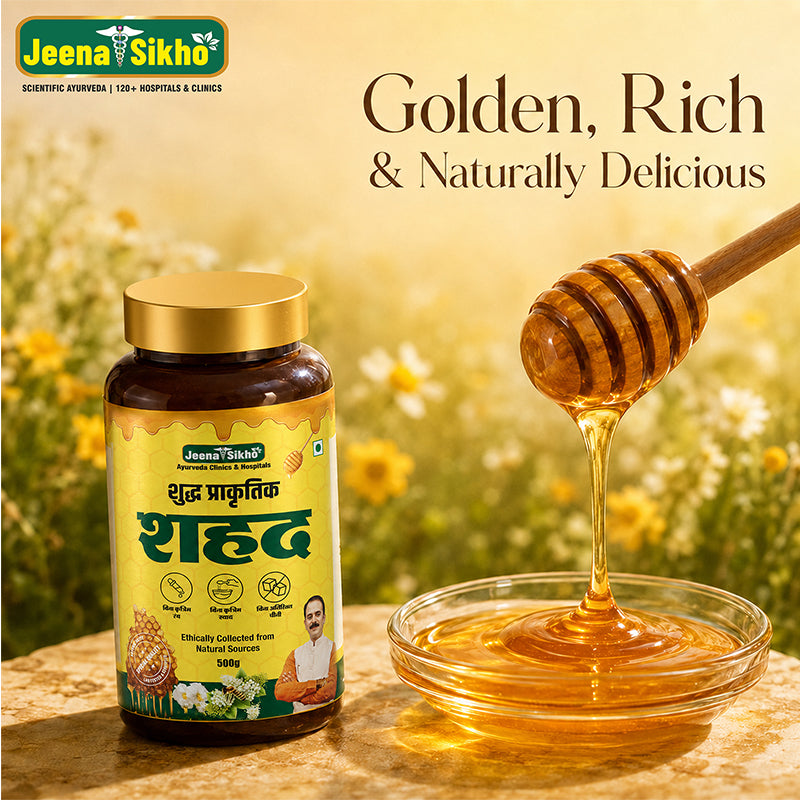 Golden natural honey from Jeena Sikho for Ayurvedic wellness