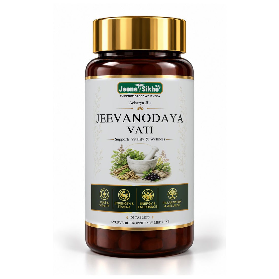 Jeevanodaya Vati ayurvedic tablets for strength and stamina, ayurvedic energy booster tablets, 60-tablet herbal bottle