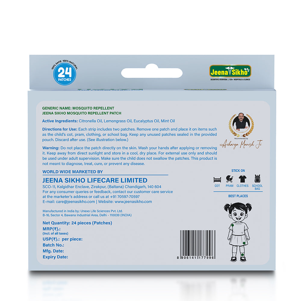 Mosquito Repellent Patch for Kids | Natural Mosquito Guard with Citronella Oil, Lemongrass Oil, & Mint Oil | Up to 12+ Hours Protection | 24 Patches