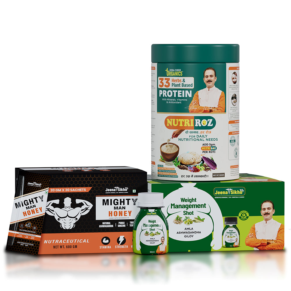 Energy & Weight Management Support Combo | Mighty Man Honey, Weight Management Shot & NutriRoz | For Strength, Metabolism & Daily Nutrition