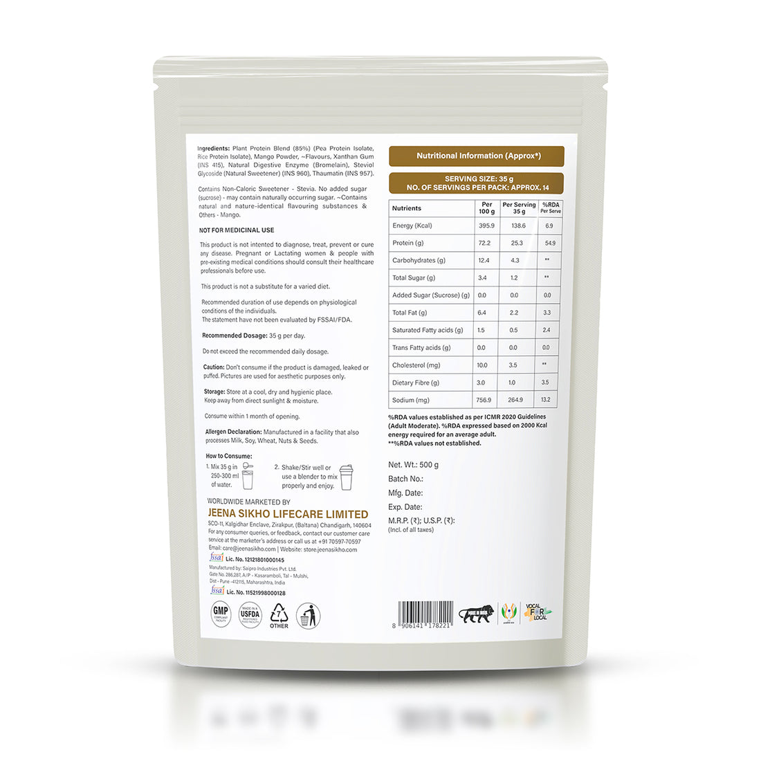 Plant Protein Mango Flavour | Plant Based Protein Powder | 500 g
