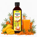 Sea Buckthorn Juice Mango Pulp bottle with mango and berries