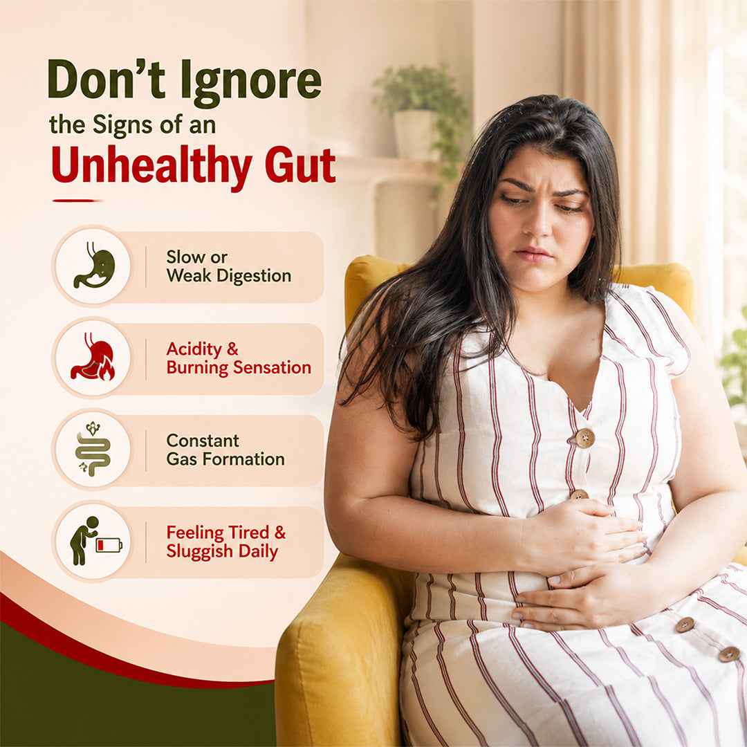 Don’t Ignore the Signs of an Unhealthy Gut banner showing slow digestion acidity gas and tiredness