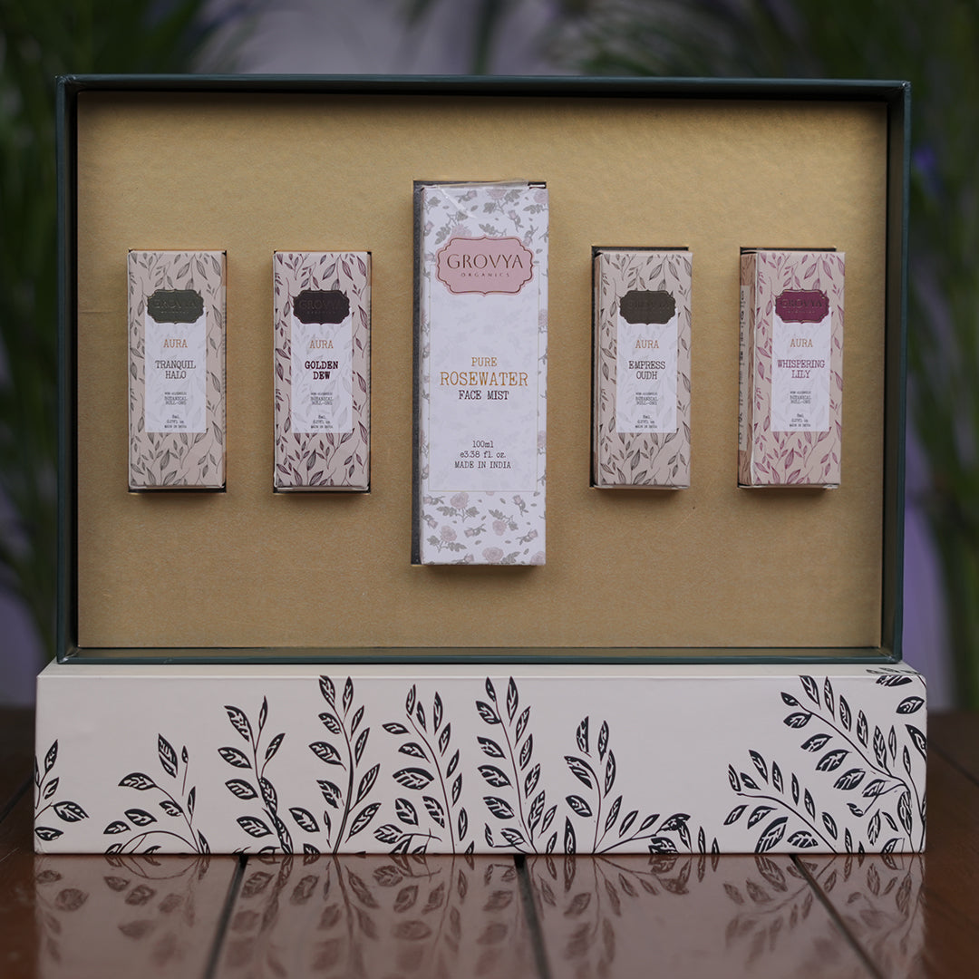 Grovya Organics Assorted Fragrance Hamper | Alcohol-Free Roll-On Perfume Oils with Complimentary Rose Water Mist | Natural Gifting Set
