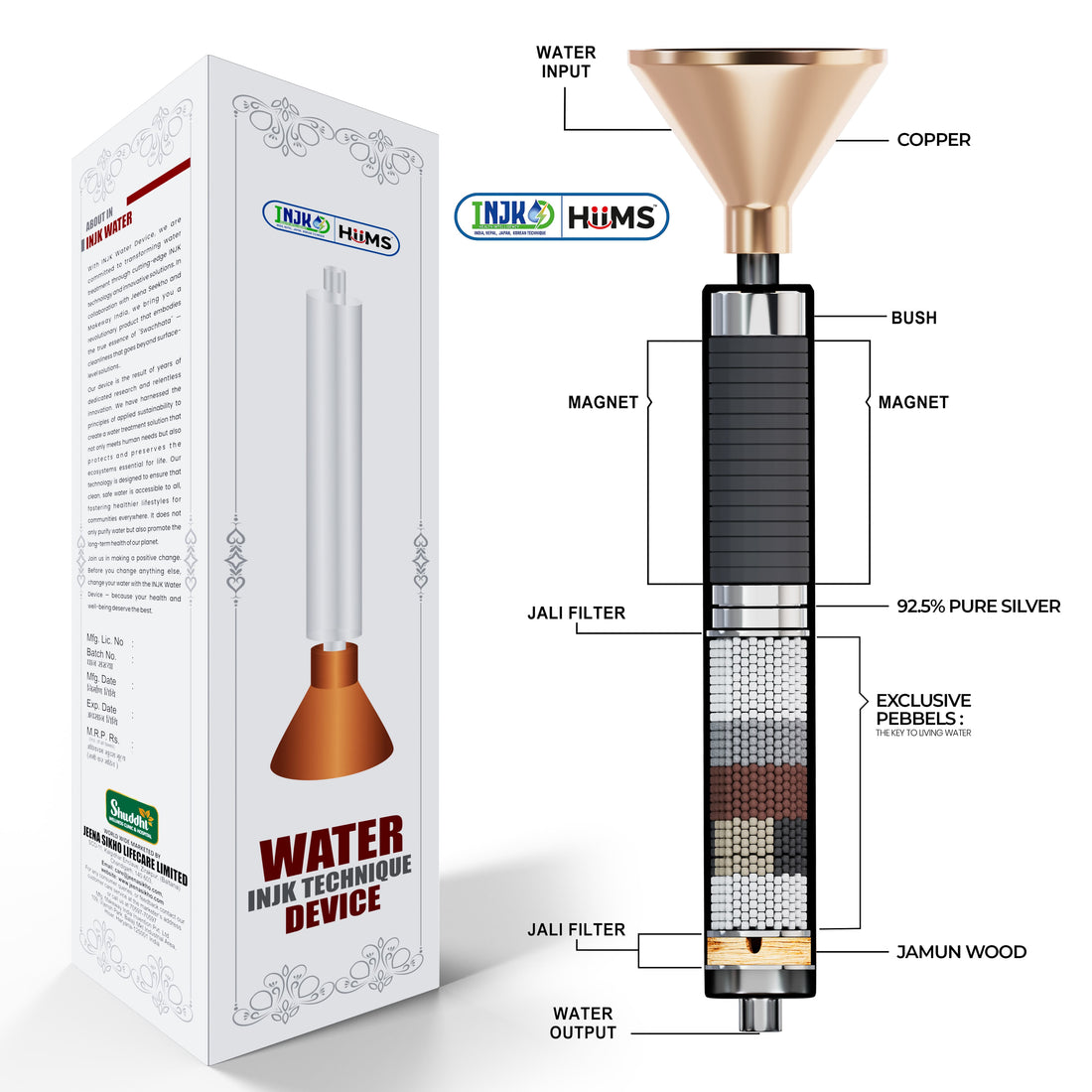 INJK Technique Magnetic Water Device - Mineral-Rich Water Alaklizer | Contains Copper + Magnesium + mph Alkaline Pebbles & Minerals | Travel-Friendly | Balances pH Levels | Includes Free Test Kit