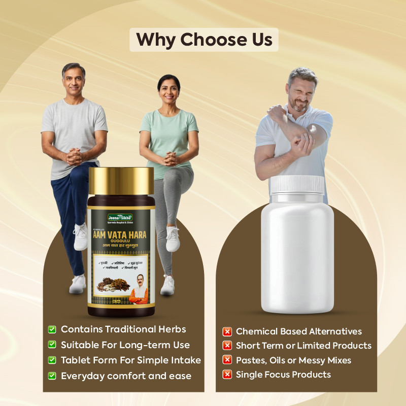 Aam Vata Hara Guggulu comparison showing traditional herbs, tablet format, long-term use and everyday joint comfort