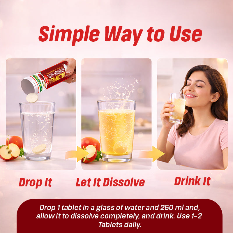 Apple Cider Vinegar for Metabolism usage guide showing tablet dissolution in water and daily consumption method