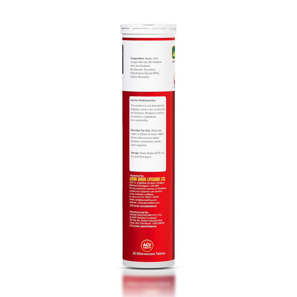 Apple Cider Vinegar Tablets back label showing ingredients, usage instructions, storage details and effervescent supplement information