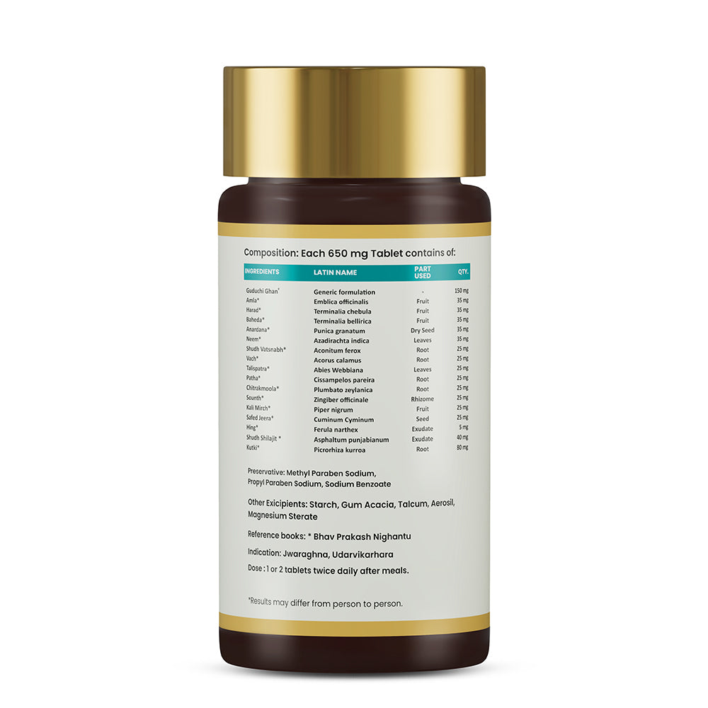 Arogaya Vati composition showing Ayurvedic herbs, botanical names, quantities, indication and dosage details
