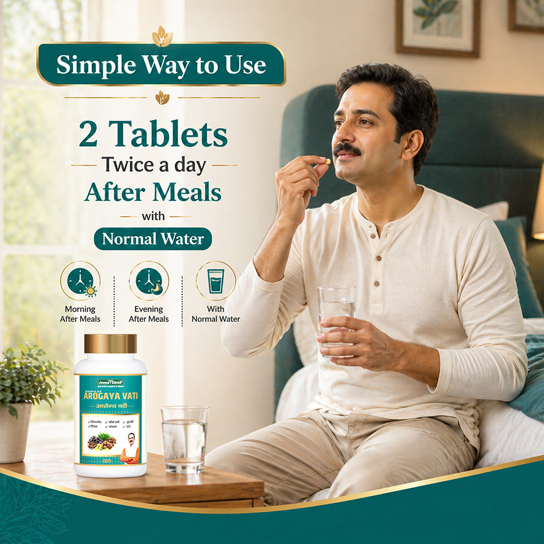 Arogya Vati Ayurvedic medicine for digestion usage guide showing 2 tablets twice daily after meals with normal water