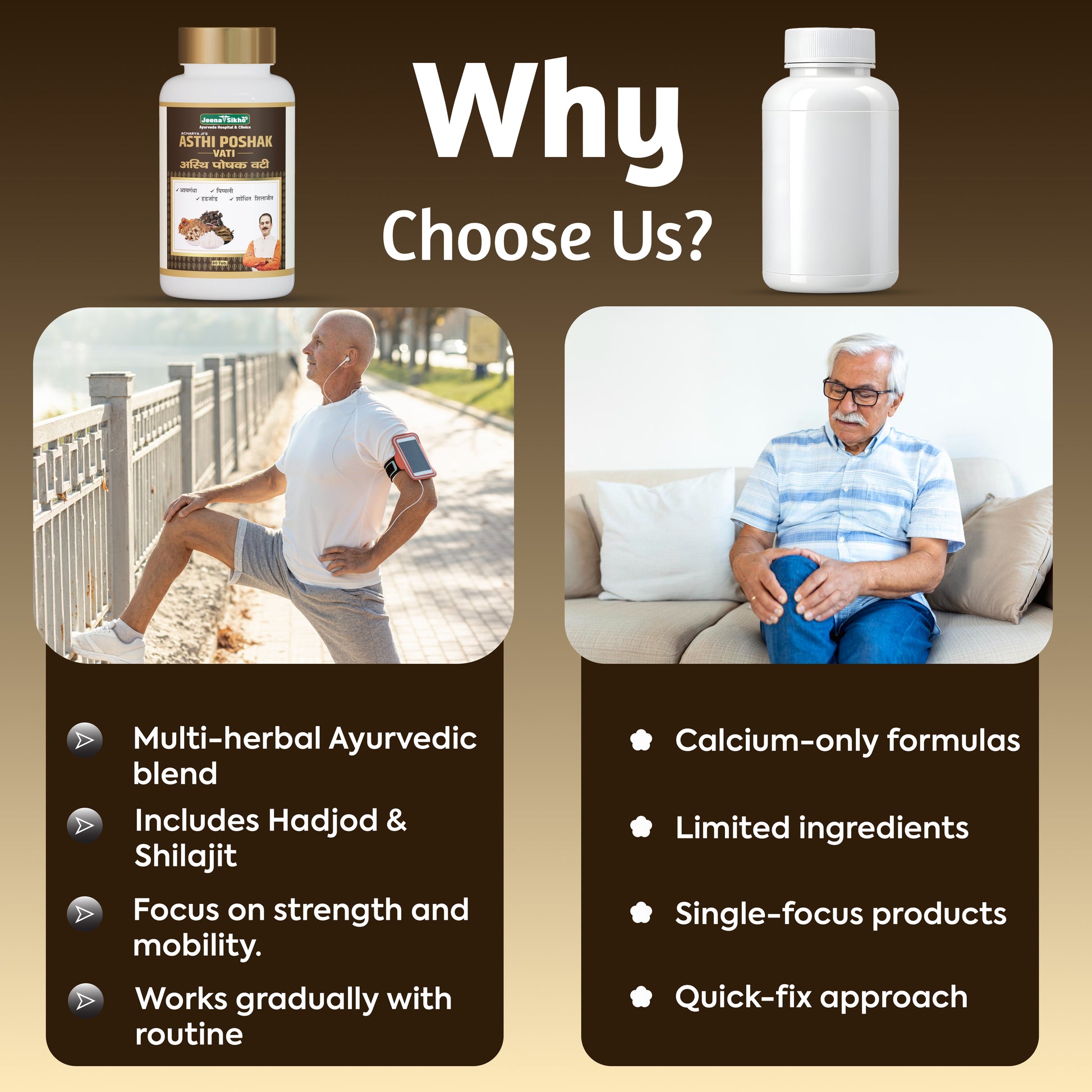 Asthi Poshak Ayurvedic joint pain tablets comparison showing multi-herbal blend, Hadjod, Shilajit, strength and mobility support