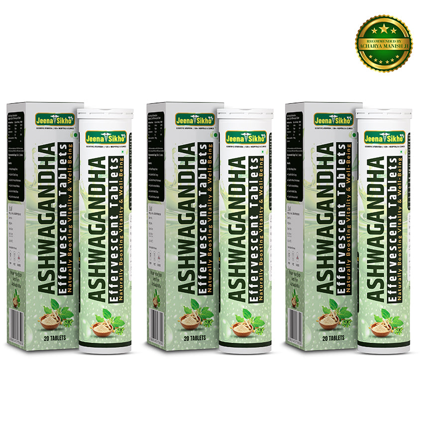 Ayurvedic Ashwagandha Supplement by Jeena Sikho in effervescent tablets format supporting daily vitality and wellness