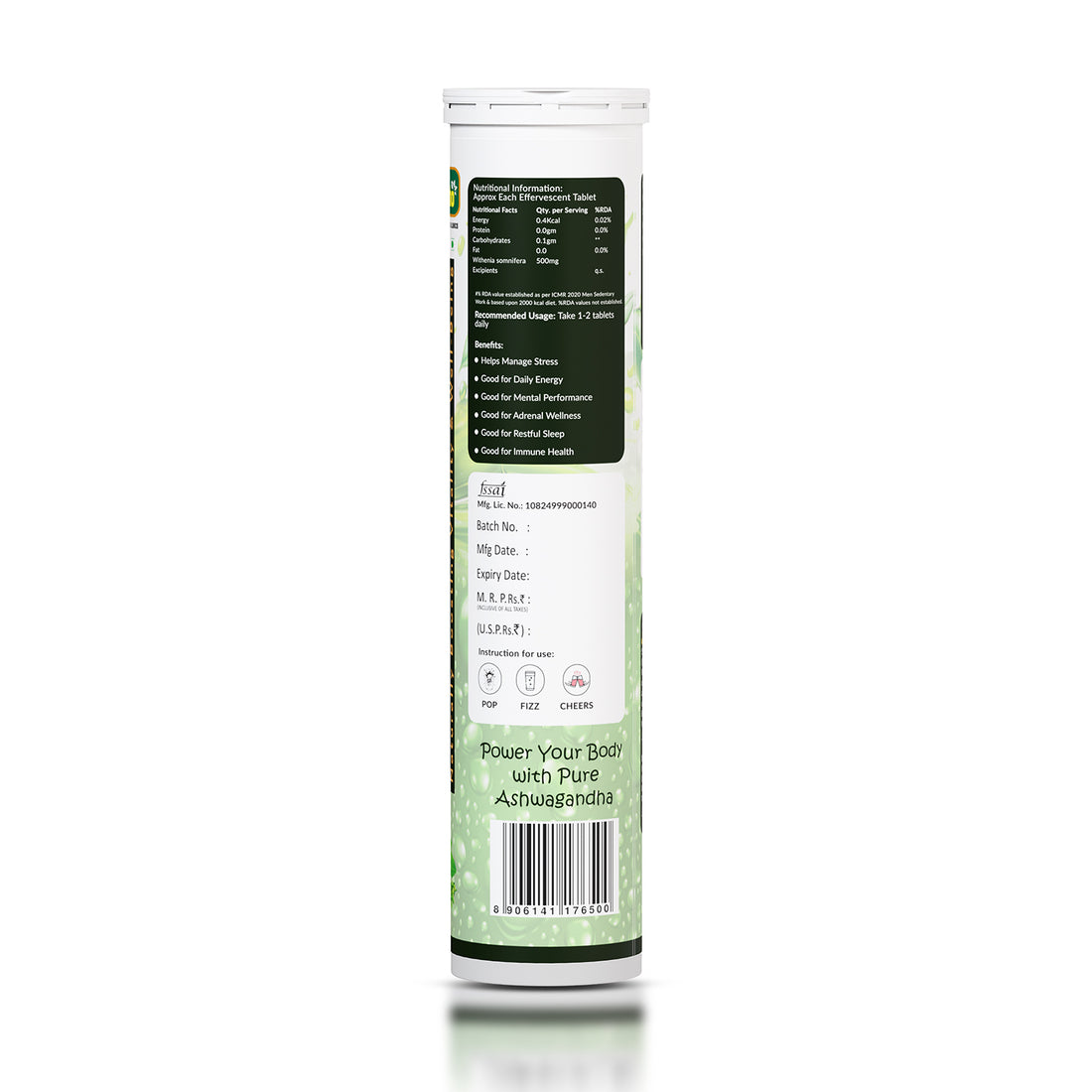 Ayurvedic Ashwagandha Supplement side label showing nutrition facts, usage instructions, benefits and effervescent tablet details