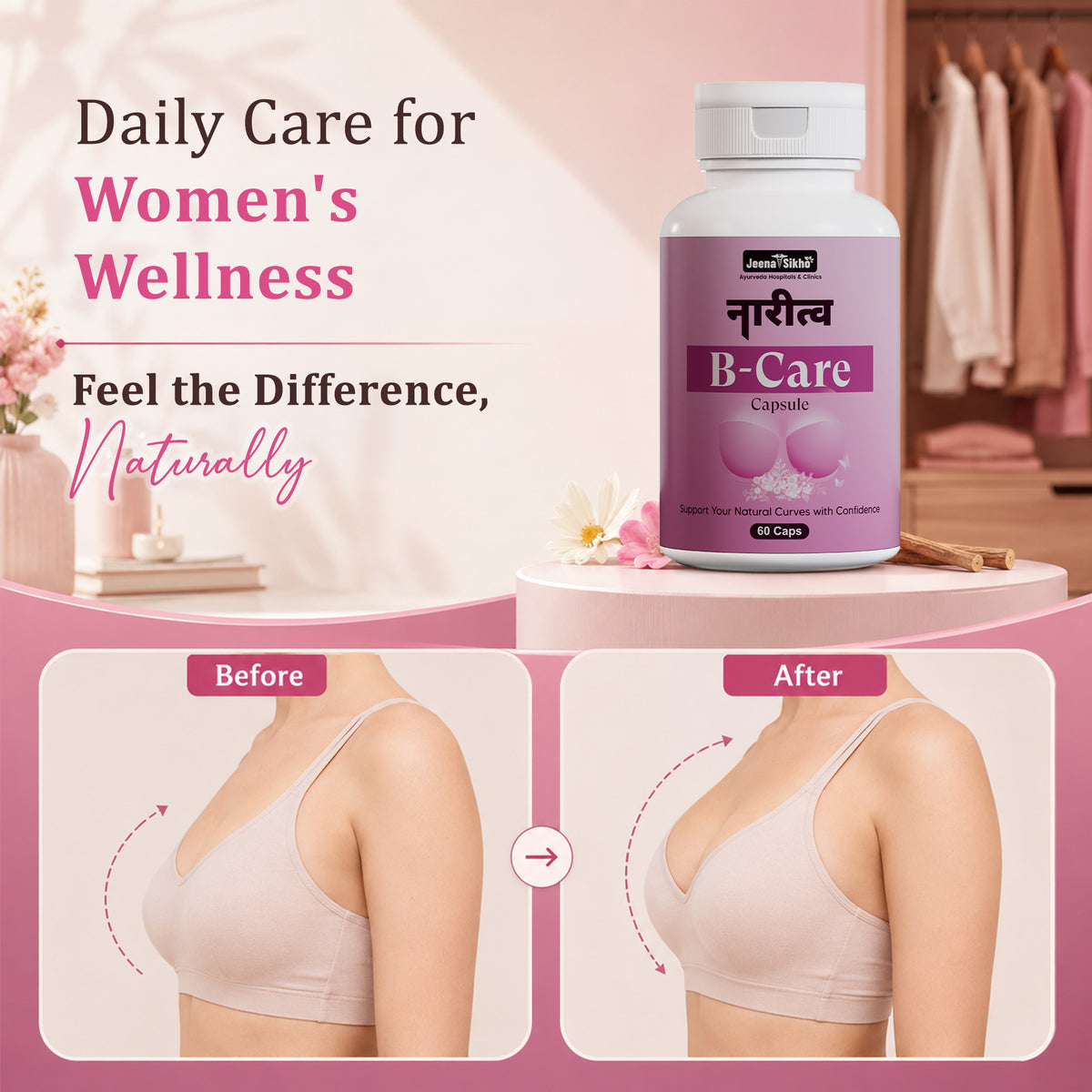 Ayurvedic Breast Care Capsules supporting women's wellness, natural curves, confidence and female health supplement care