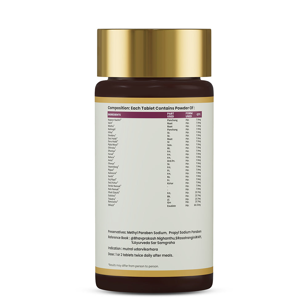 Chander Vati Ayurvedic Urinary Support Tablets showing herbal ingredients, quantities, indication and dosage details