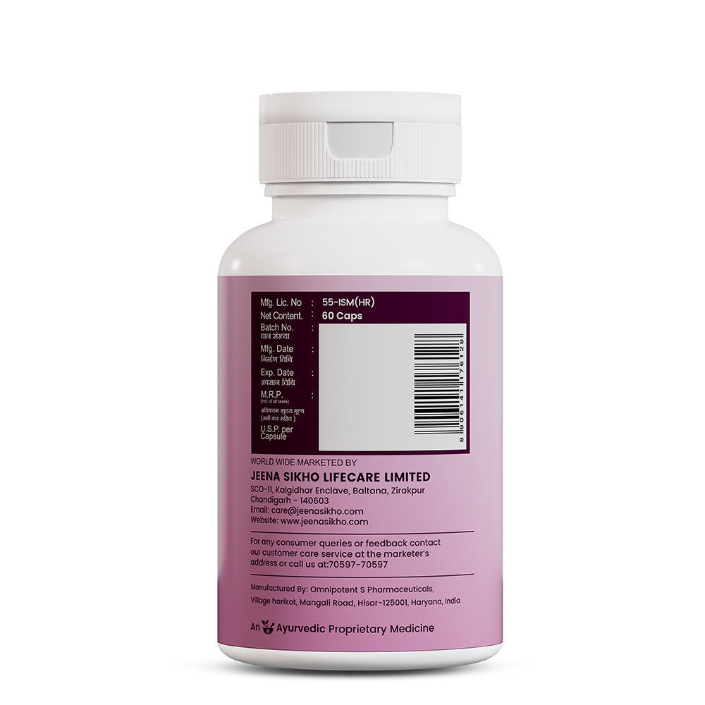 B-Care Capsules back label showing manufacturer details, barcode, certifications, quantity and Ayurvedic product information