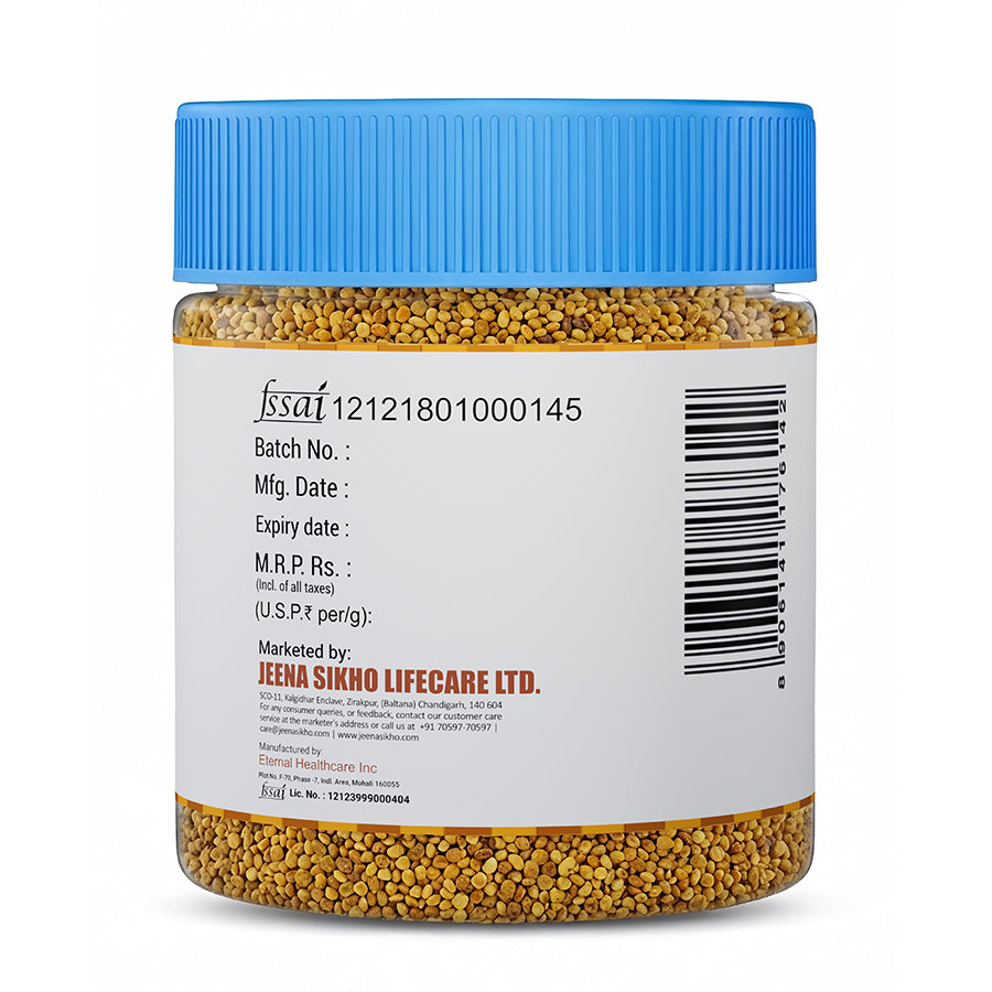 Bee Pollen Pro jar back label showing FSSAI details, barcode, batch, manufacturing, expiry and marketer information