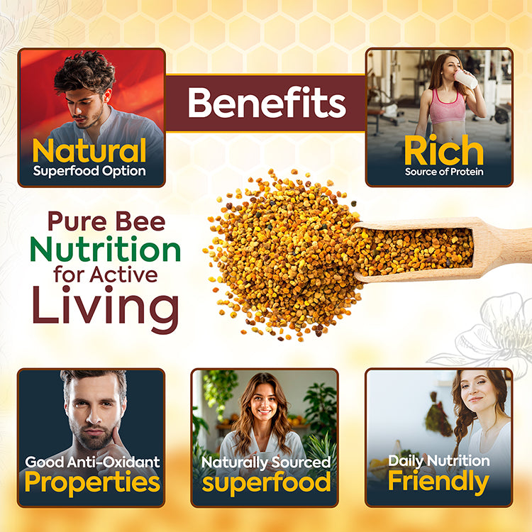 Bee Pollen Pro benefits include natural superfood nutrition, protein source, antioxidant properties and daily wellness support