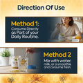 Bee Pollen Pro usage guide showing direct consumption or mixing with water, milk or smoothie for daily nutrition