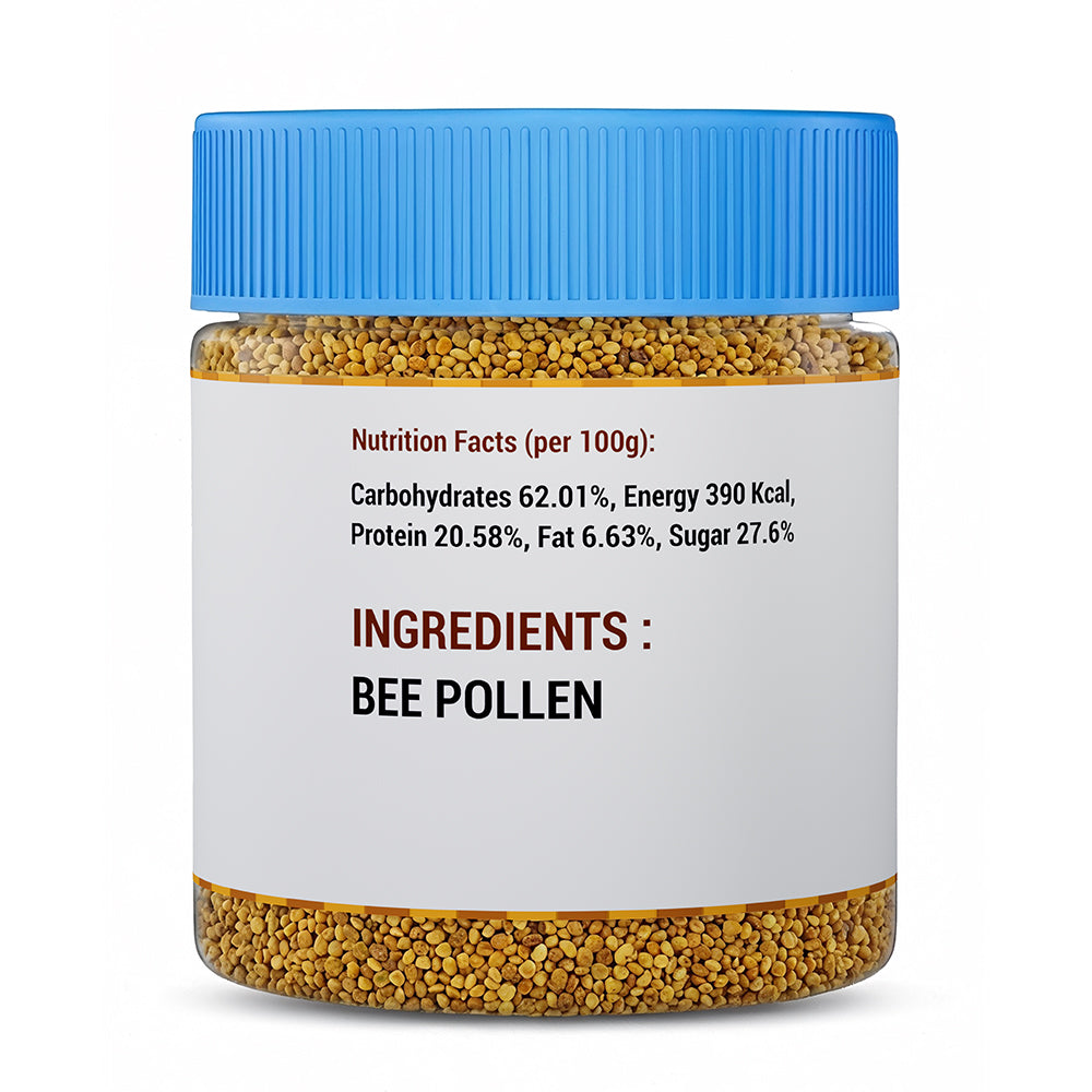 Bee Pollen Pro jar showing bee pollen ingredient and nutrition facts including protein, carbohydrates, fat and energy