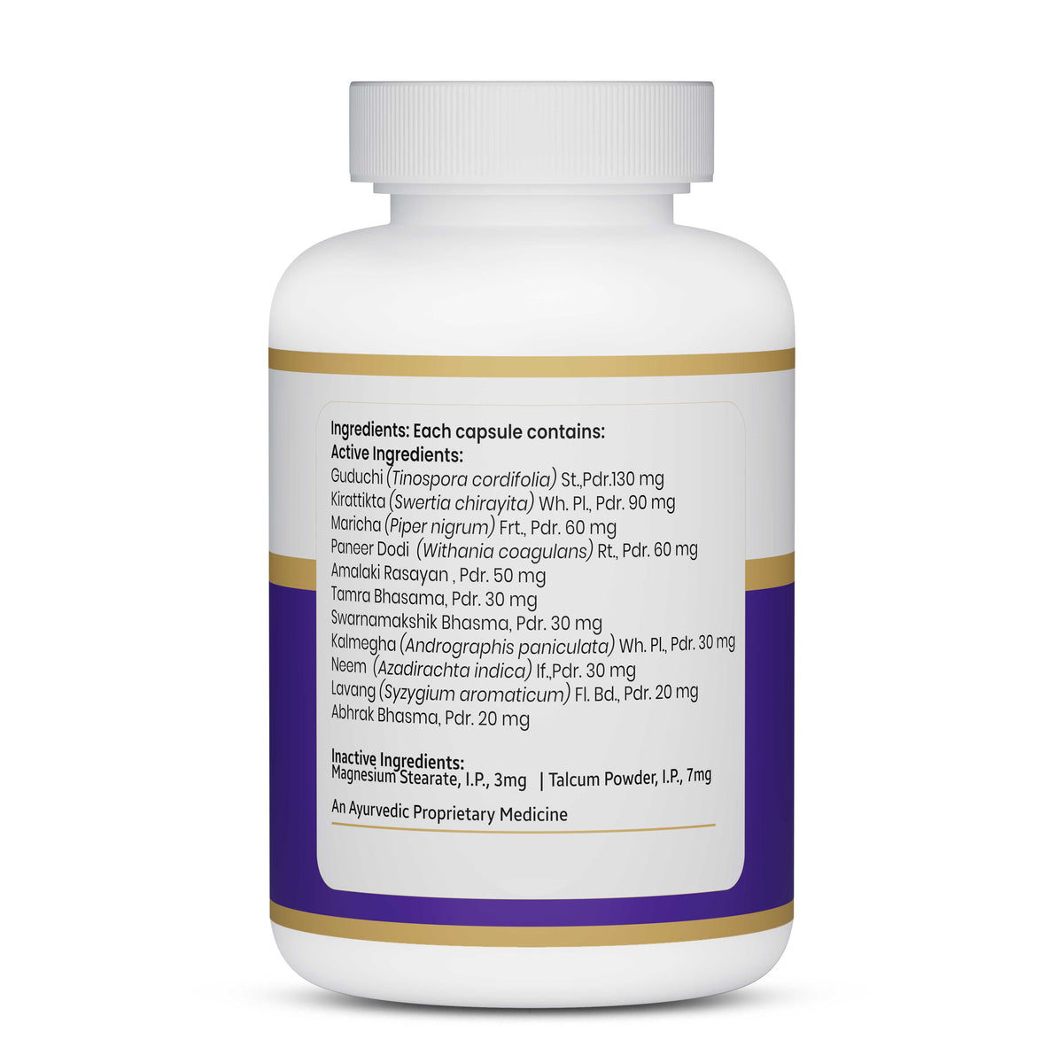 Back label of Carci-Nex capsules showing Ayurvedic ingredients for supportive cancer therapy, immunity, and overall wellness