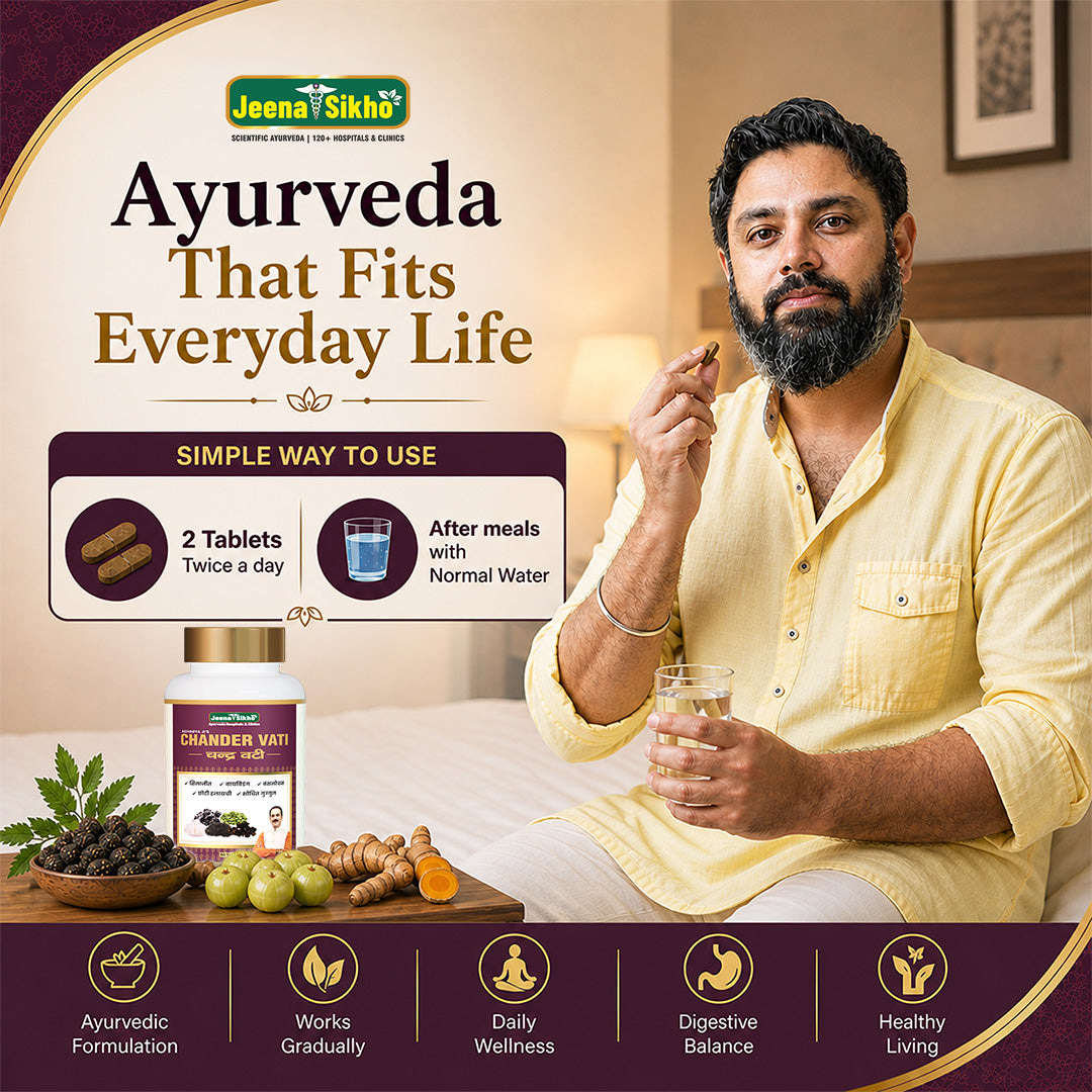 Chander Vati Ayurvedic wellness guide showing 2 tablets twice daily after meals with normal water for digestive balance