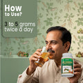 GBS Powder usage guide showing 3 to 5 grams twice daily with Ayurvedic herbal support for daily wellness routine