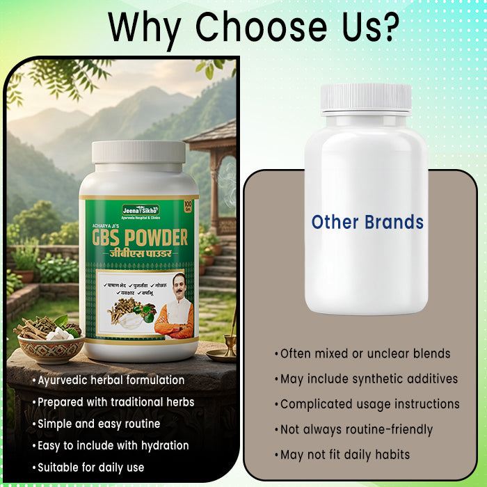 GBS Powder comparison showing Ayurvedic herbal formulation, traditional herbs, easy routine use and daily wellness support