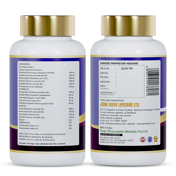 Glycovera Advance back label showing Ayurvedic blood sugar support ingredients, composition, dosage and manufacturer details