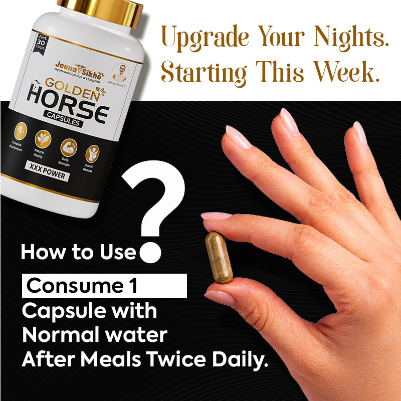 Golden Horse Capsules usage guide showing 1 capsule with normal water after meals twice daily for men's wellness support
