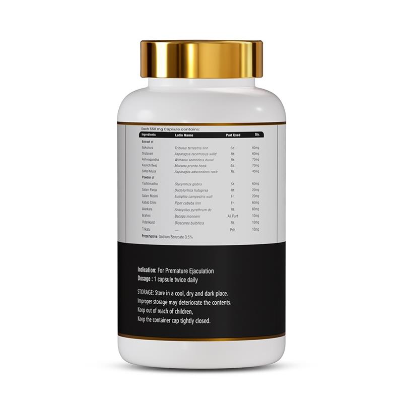 Golden Horse Capsules ingredients showing Ayurvedic herbs, botanical names, quantities, dosage and storage information