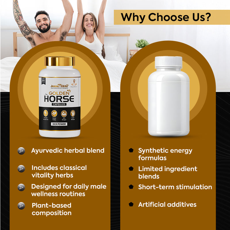 Golden Horse Capsules comparison showing Ayurvedic herbal blend, vitality herbs, plant-based composition and daily male wellness