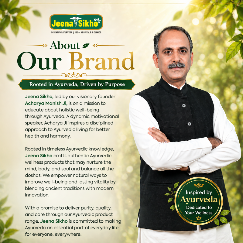Jeena Sikho brand story featuring Acharya Manish Ji, Ayurveda values, authentic wellness products and holistic health vision.